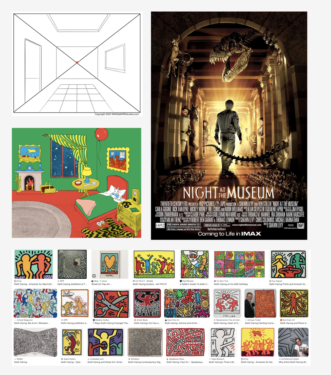 night of the museum movie, 1-point perspective room, Keith haring pictures, goodnight moon book